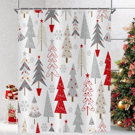 Hnmdmyi Christmas Shower Curtain, 180 x 200 cm, Red, Grey, Beige, Christmas Trees, Stars, Winter, Snowflake, Happy New Year, Holiday, Bath Curtain, Waterproof, Polyester Fabric, Washable Bath Curtain