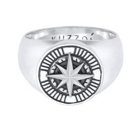 Kuzzoi 0605832820 Men's Signet Ring, Round, Solid 15 mm Wide in 925 Sterling Silver, Black Oxidised with Compass Symbol, Ring for Men in Ring Size 60 - 66, Sterling Silver