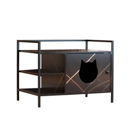 ChicFurnit Cat Litter Box, Litterbox Table with Barn Door Design, Spacious Flat Top & 2 Open Storage Spaces, 30'' Hidden Litterbox Enclosure with Cute Hollowed-Out Cat Head Pattern, Antique Black