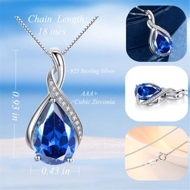 MABELLA Sterling Silver Simulated Blue Sapphire Gem Birthstone CZ Pendant Necklace Large AAA Cubic Zirconia Jewelry, for Women