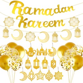 Ramadan Decoration, Eid Mubarak Decoration Set, Ramadan Kareem Banner, Golden Balloons, Moon Star Lantern Garland, Gold Glitter Pendant as Eid Festival Party Decorations