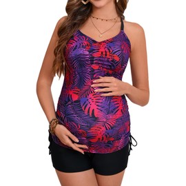 Pregnancy Bathing Suits Maternity Criss Cross Tankini Swimsuits Purple Leaves L