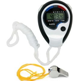 Digital Stopwatch, Multi-Function Electronic Sport Referee Handheld Stop Watch ABS Interval Training Timer Outdoor Timer + Lanyard for Running Exercise Equipment White KK's (White/Black + Whistle)