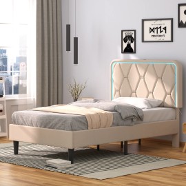 VECELO Bed Frame With Charging Station LED Light Twin Full Queen Size Velvet Headboard - Twin
