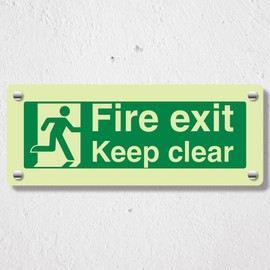 V Safety Fire Exit Keep Clear with Man Glow in the Dark Acrylic Sign - 300 x 100 mm Durable, Shatterproof Safety Signage