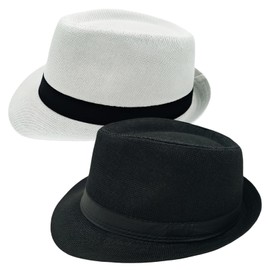 2 Pack Short Brim Fedora Classic 20s Trilby Panama Hats Summer Travel Cap for Men Women (US, Alpha, Medium, Large, Black + White)