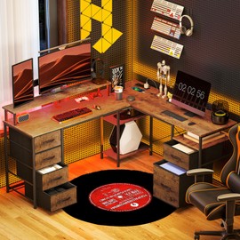 HOMCOM 66" L Shaped Gaming Desk, Reversible, 105" 2 Person Computer Desk with File Cabinet and Fabric Drawers, Power Outlets and LED Lights, Monitor Stand, Rustic Brown