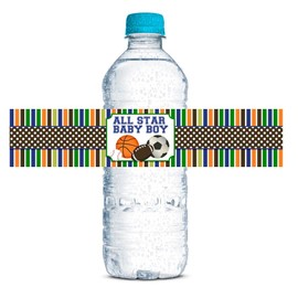 All Star Baby Boy Sports Themed Baby Shower Waterproof Water Bottle Sticker Wrappers 20 Wrap Around Labels Sized 1.75" x 8.5" by AmandaCreation