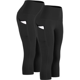 CADMUS Womens High Waist Workout Legging Capris for Yoga w Side Pockets,1109,Black & Black,Medium
