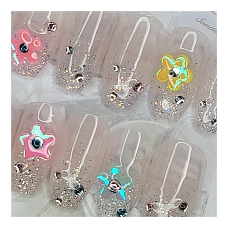 Glitter Flower Handmade Nail Tips - Water Drops / 글리터