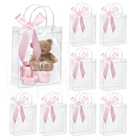 8 Pack Clear Plastic Gift Bags with Pink Ribbons, 23× 17× 7cm Clear Party Bags with Handles Transparent Gift Bags Bulk for Wedding Birthday Holiday