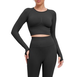 JBT Long Sleeve Workout Tops for Women Sport Yoga Fitness Crop Shirts Fitted Round Neck Stretchy Compression Top Black