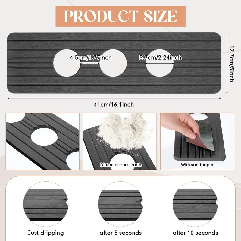 Teenyyou 3 Hole Gray Faucet Mat for Kitchen Sink 16.1"