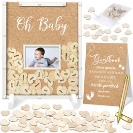 Thyle 65 Pcs Baby Shower Guest Book Alternative He or She Gender Reveal Baby Shower Favors Baby Shower Sign in Guest Book with 60 Wooden Hearts Baby Shower Picture Frame Birthday Decor (Kraft)