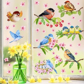 Spring Window Stickers Watercolor Birds Stickers Tree Branch Bird Window Stickers Baby Nursery Wall Decals Blossom Flower Decal for Living Room Kids Bedroom Home Decor