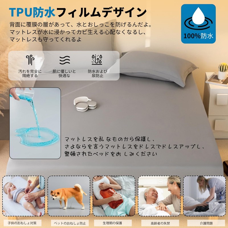 Waterproof Fitted Sheet, 5 Sides, Waterproof, Absorbent, Quick Drying, Mattress