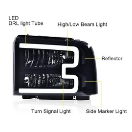 LED DRL Headlight Assembly w/Harness Compatible with Ford F250 F350 F450 F550 Super Duty 2005-2007, Fit Ford Excursion 2005, Front Headlamp, Smoky Lens Black Housing Clear Reflector