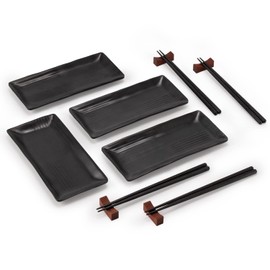 Virklyee Japanese Sushi Crockery Set 12 Pieces Black Sushi Plate Set Style with 4 Plates, 4 Pairs Chopsticks, 4 Chopstick Holders Suitable for Restaurants, Families and Hotels