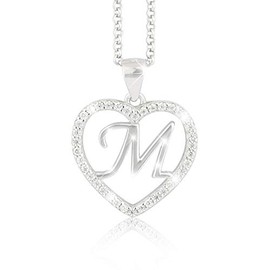 PAVELS Necklace M with Pendant Letter Chain Silver 925 Heart Sterling Silver Chains with Name Initial Letters Gifts for Her, Silver, Cubic Zirconia