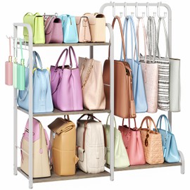 Purse Organizer for Closet, Large Capacity Purse Rack with 2 Purse Hangers and 5 Purse Hooks for Bag Organizer, Freestanding 3-Tier Handbag Organizer for Purse Storage, Ironwood Purse Holder, White