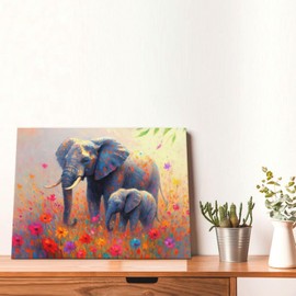 Funny Elephant Canvas Wall Art Colorful Flowers Elephant Painting Pictures Print Artwork Decoration for Bathroom Bedroom Nursery Wall Decor Canvas Framed Gifts 12”X16”