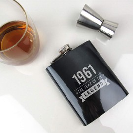 eBuyGB Drinks Canteen Engraved Black Hip Flask-1961 Year of The Legend Design-60th Birthday, Men-Sixtieth Gift for Dad, Uncle, Brother, Stainless Steel