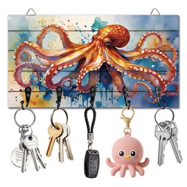 DELORIGIN Octopus Key Holder Wall Mounted Display Wooden Key Racks with 5 Metal Hooks Keys Hanger Storage Organizer for Wall Decorative Door Entryway Hallway Kitchen New Home Gift