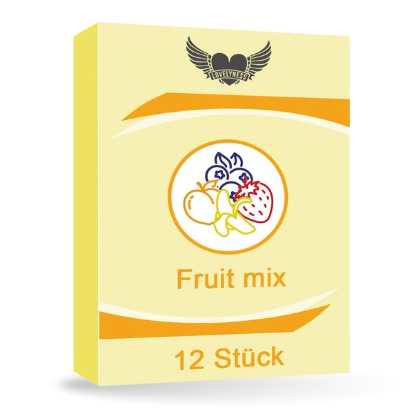 Condoms with Flavour Mix Strawberry, Banana, Blueberry, Peach 52 mm - Pack of 12 Real Feel Extra Thin Extra Moist Sex Lubricating Film Lovelyness