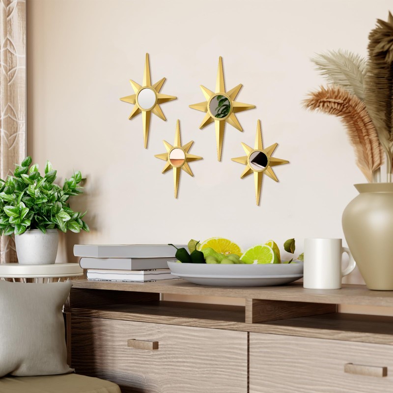 Blulu 4 Pcs Metal Starburst Wall Mirrors Decor 8 Pointed
