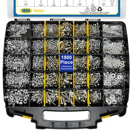 1800 Pieces Hardware Assortment Kit, Nuts and Bolts Assortment Kit, Stainless Steel Phillips Pan Head & Flat Head Screws, Assorted Nuts Bolts Washers with Double Sided Organizer Box (Yellow)