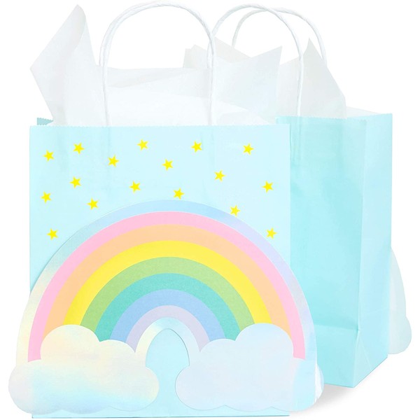 Rainbow Gift Bags with Handles and White Tissue Paper (9 x 8 x 4, 15 Pack)