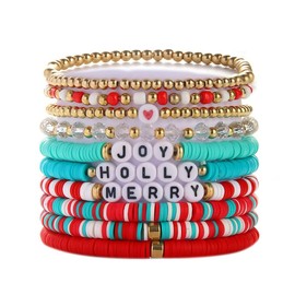 Christmas Polymer Clay Beaded Stackable Bracelets Set for Women Cute Santa Claus Snowflakes Bell Xmas Tree Heishi Surfer Stretch Beads Bracelets Holiday Festive Christmas Party Jewelry Gifts-Set A