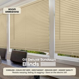 Cordless Room Darkening Mini Blind - 33 Inch Width, 64 Inch Length, 1" Slat Size - Latte - Cordless GII Deluxe Sundown Horizontal Windows Blinds for Interior by Achim Home Decor