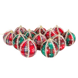 Set of 12 Christmas Baubles - Red Tartan with Cream and Black Decoration
