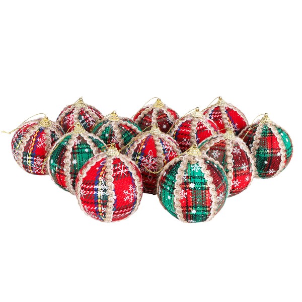 Set of 12 Christmas Baubles - Red Tartan with Cream