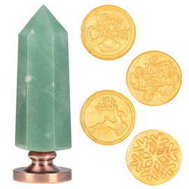 SUNYIK Wax Seal Stamp Set, 6 Faceted Crystal Point Stone Handle with 4 Wax Seal Stamps Head for Envelope Wedding Invitations, Green Aventurine Handle & 3* Merry Christmas Series & 1* Snowflake Pattern