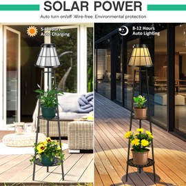 2 Pack 45.5'' Solar Floor Lamps with 2 Tier Plant Stand, Waterproof Metal Solar Powered Outdoor Lights Flower Shelf for Patio Deck Yard Garden Porch Decor