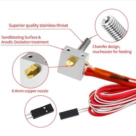 3D Printer Assembled Hot End Kit, Hotend Heating Block Kit, Assembled Extruder Hot End Kit 0.4 mm Nozzle 3D Printer Aluminium Heater Block