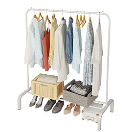 JIUYOTREE Metal Clothing Rack, 43.3 Inches Clothes Garment Coat Rack with Bottom Shelf, Clothing Rack for Hanging Clothes, Coats, Skirts, Shirts, Sweaters, White
