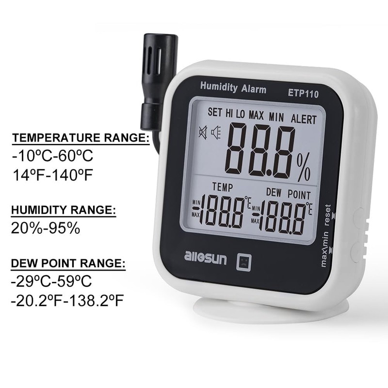 ALLOSUN Digital Thermometer Hygrometer Indoor Humidity Greenhouse Temperature Monitor Alarm