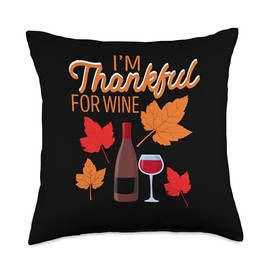 Pilgrim Costume Thanksgiving Shirt Turkey Meat I'm Thankful for Wine Funny Thanksgiving Dinner Autumn Fall Throw Pillow, 18x18, Multicolor