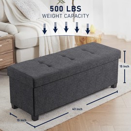 Ornavo Home 43 Inch Storage Ottoman, Large Storage Bench, Ottoman with Storage with Legs, Foot Rest Stool, Bedroom Bench - Dark Gray