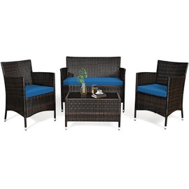 Tangkula 4-PCS Patio Rattan Conversation Set, Outdoor Wicker Furniture Set with Tempered Glass Coffee Table &Thick Cushion, Rattan Chair Wicker Set for Garden, Lawn, Poolside and Backyard