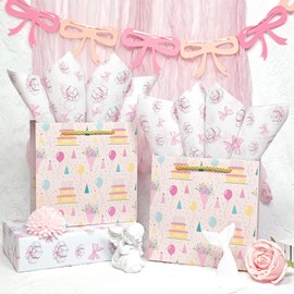 Pink Tissue Paper Bulk - Watercolor Hand-painted Pink Bows & Present Pattern, Cute Girly Gift Wrapping Tissue Paper for Gift Bags Packaging for Birthday Baby Shower Wedding Holidays, 30 Sheets 20x14in