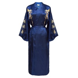 Bon amixyl Men’s Dressing Gown Bathrobe Satin Silk Bath Robe Kimono Gown Dragon Embroidery Yukata Hakma Vintage Navy