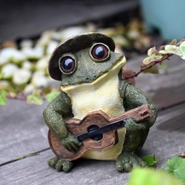 OwMell Frog Statue for Garden, Green Frog Figurine for Outdoor Decor Yard and Garden Decoration Resin Sculpture 6 Inches - Guitar