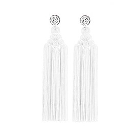 Long Woven Tassel Fringe Drop Dangle Earrings Large Beaded Chandelier Handmade Knot for Women Statement Bohemian Thread Layered-White