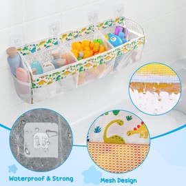 Bathtub Toy Storage, Dinosaur Large Baby Mesh Bathtub Toy Organizer, Quick-Drying Bag with 4 Hooks for Toddler Kids Boys Girls Poolside Indoor Bathroom Shower Beach Nursery