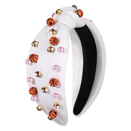 HEIDKRUEGER Game Day Headband - Basketball Studded Knot for Women, Pearl Crystal Jeweled Sport Spirit, Sports Fan Gifts (Bright White)