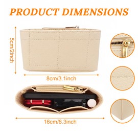 Libpttl Small Zipped Felt Bag Organiser Insert for Handbags & Pouches, Multi-Pocket Purse Liner Shaper, 16×5×8cm Beige.